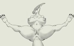 anus areola big_breasts breasts dinosaur female genitals hadrosaurid hi_res monochrome nipples nude ornithischian parasaurolophus pussy reptile scalie solo spread_legs spreading thick_thighs upai