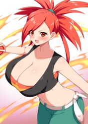 1girls aikome_(haikome) alternate_breast_size big_breasts blush eye_contact female flannery_(pokemon) flannery_(pokemon_oras) haikome holding_object holding_poke_ball huge_breasts large_breasts long_hair looking_at_viewer nintendo pokeball pokemon pokemon_rse ponytail pose red_eyes red_hair solo standing thick_thighs thighs