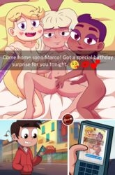 1boy 3girls aleuz91 biting_lip blonde_hair blue_eyes brown_skin chloe chloe_(svtfoe) completely_nude completely_nude_female dark-skinned_female dark_skin electronics female fingers_in_pussy hairless_pussy harem heart_cheeks inviting_to_sex jackie_lynn_thomas long_hair male marco_diaz mole multiple_girls nude_female phone round_teeth selfie selfie_stick sexting short_hair snapchat spread_legs star_butterfly star_vs_the_forces_of_evil straight_hair