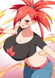 00s 1girls aikome_(haikome) alternate_breast_size big_breasts blush breasts eye_contact female flannery_(pokemon) flannery_(pokemon_rse) haikome holding_object holding_poke_ball huge_breasts human large_breasts light-skinned_female light_skin long_hair looking_at_viewer nintendo pants poke_ball pokemon pokemon_rse ponytail pose red_eyes red_hair solo standing thick_thighs thighs tied_hair