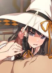 1boy black_eyes black_hair blush censored cum ejaculation erere female handjob hat idolmaster idolmaster_shiny_colors kazano_hiori mole mole_under_mouth open_mouth pubic_hair witch_costume witch_hat