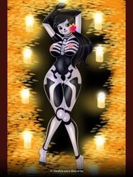 1girls black_hair bodypaint breasts candle catalina_la_catrina chuyryu dia_de_los_muertos female hair_flower long_hair nipples ponytail purple_eyes purple_skin pussy skeleton yellow_sclera