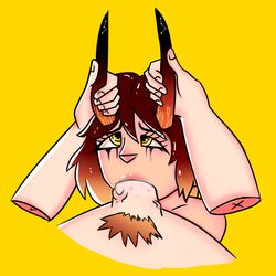 blowjob choking cinicalvoice demon_horns fellatio grabbing_head grabbing_horns holding_head horn_grab horns human oral oral_sex pubic_hair red_hair yellow_sclera