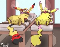 anthro ashley_(ashleypikachu) ball_gag bondage bound cosplay_pikachu ear_piercing femsub gag gagged genitals male milachu92 milochu multiple_subs nintendo piercing pikachu pokémon_(species) pokemon pussy spread_legs spreading strapped_down video_games