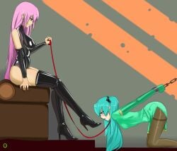 2girls arms_behind_back blue_eyes blue_hair bondage boots bound bound_wrists breasts chains chinese_dress dominatrix dress female female_only femdom femsub fully_clothed green_dress hatsune_miku high_heel_boots high_heels holding_leash kneeling large_breasts latex latex_boots latex_leotard leash leotard long_hair long_twintails medium_breasts megurine_luka multiple_girls open_mouth pantyhose pink_hair revealing_clothes shiny_clothes shoulder_gloves sitting slave source_request strappado thesoundedinside thigh_boots thigh_high_boots thighband_pantyhose tight_clothing tongue_out twintails vocaloid wrist_cuffs yuri