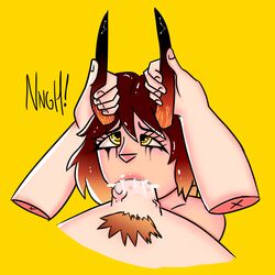 blowjob choking cinicalvoice cum cum_in_mouth cumming demon_horns fellatio grabbing_head grabbing_horns holding_head horn_grab horns human oral oral_sex orgasm pubic_hair red_hair yellow_sclera