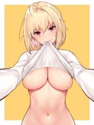 1girls arcueid_brunestud areola_slip big_breasts blonde_hair busty captain_cocq_(artist) cleavage cocq_taichou female female_only hourglass_figure long_sleeves looking_at_viewer navel no_bra outstretched_arms presenting red_eyes sensual shirt_in_mouth shirt_lift short_hair smile solo sweater tsukihime turtleneck turtleneck_sweater type-moon underboob yellow_background