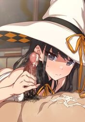 1boy black_eyes black_hair blush censored cum erere female handjob hat idolmaster idolmaster_shiny_colors kazano_hiori mole mole_under_mouth pubic_hair witch_costume witch_hat