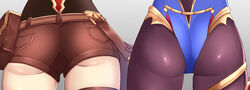 2girls amber_(genshin_impact) ass ass_focus booty_shorts cherrycola dat_ass female female_only from_behind genshin_impact hi_res leotard mona_(genshin_impact) pantyhose shorts tights