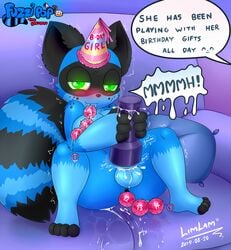 1futa anal_beads anal_insertion anal_masturbation anus balls birthday_hat blue_fur breasts cum drooling fleshlight furry futanari green_eyes limlam masturbation penile_masturbation penis sex_toy solo_futa speech_bubble