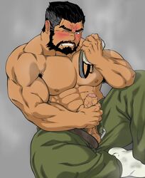 1boy armpit_hair armpits bara beard coach daddy dilf facial_hair jacking_off jockstrap kurotetsu male_only masturbation muscles solo solo_male