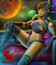 1girls big_breasts breasts brown_eyes cleavage clothed clothing colored_hair detailed_background faustdarksoul female_focus female_only looking_at_viewer pose revealing_clothes sabine_wren short_hair solo spread_legs star_wars star_wars_rebels tattoo text watermark