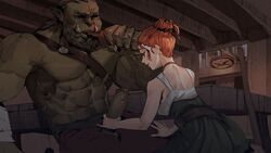 1girls acht alexia_blackwell cheating female green_penis hand_on_penis handjob human_female imminent_fellatio interspecies light-skinned_female light_skin male male/female monster_cock orc orc_male penis_out red_hair seeds_of_chaos tavern tusks