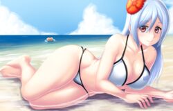 1girls bare_arms bare_legs bare_thighs barefoot beach big_breasts bikini bikini_bottom bikini_top breasts cake curvy female female_only finalcake flower flower_in_hair front_view looking_at_viewer lying original original_character red_eyes sea silver_hair smile thick_thighs thighs waist white_bikini wide_hips