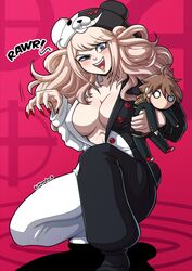 1girls big_breasts blonde_hair blue_eyes blush blushing breasts cleavage danganronpa danganronpa:_trigger_happy_havoc danganronpa_1 evil evil_eyes evil_grin evil_smile eyebrows_visible_through_hair eyelashes female female_only gyaru holding_plush holding_plushie human human_only junko_enoshima kinkymation large_breasts light-skinned_female light_skin long_hair mouth_open naegi_makoto onesie open_mouth open_shirt pajamas partially_clothed plush plushie red_fingernails red_nails shirt_open shirt_unbuttoned smooth_skin solo solo_female squat squatting strawberry_blonde_hair twintails unbuttoned unbuttoned_shirt