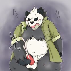 1:1 2014 anthro balls belly black_body black_fur blush bodily_fluids closed_eyes clothed clothing cum ejaculation fur genital_fluids genitals kemono male male_only masturbation navel nintendo open_clothing open_shirt open_topwear overweight overweight_male pangoro penis pokémon_(species) pokemon shirt snow_utamaru solo sweat tongue tongue_out topwear video_games white_body white_fur