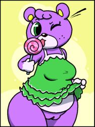 2020 animal_crossing anthro bear candy clothed clothing clothing_lift dress dress_lift female flashing food genitals green_clothing green_dress green_eyes junktrashman licking lollipop looking_at_viewer mammal megan_(animal_crossing) nintendo no_underwear one_eye_closed portrait presenting presenting_pussy purple_body pussy simple_background solo thick_thighs three-quarter_portrait tongue tongue_out ursa ursid ursine video_games wide_hips wink yellow_background