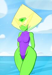 1girls arms_behind_back arms_crossed blonde_hair blush breasts cameltoe cartoon_network cartoonsaur curvy female female_only gem gem_(species) green_skin half-closed_eyes looking_away looking_down nipple_bulge ocean one-piece_swimsuit peridot_(steven_universe) purple_clothing purple_swimsuit revealing_clothes shy small_breasts smile solo solo_female standing steven_universe swimsuit thick_thighs visor water watermark