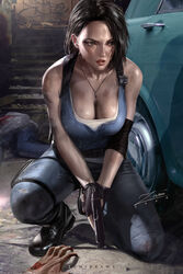 absurd_res bare_shoulders black_hair blood blue_eyes blue_tank_top breasts car cleavage collarbone commentary denim dirty elbow_sleeve english_commentary female fingerless_gloves firearm gloves ground_vehicle gun hair_behind_ear handgun highres holding holding_gun holding_weapon injury jeans jewelry jill_valentine jill_valentine_(sasha_zotova) large_breasts medium_hair motor_vehicle necklace pants parted_lips pistol resident_evil resident_evil_3 resident_evil_3_remake squatting stairs tank_top thigh_strap torn_clothes torn_jeans torn_pants weapon zombie zumi