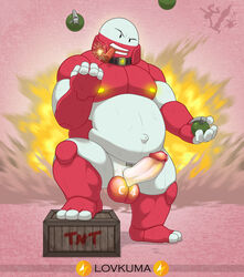 1boy 3_toes 5_fingers action_pose balls barcode belly big_balls big_penis bite collar dynamite electrode_(pokemon) english_text explosion explosives fingers genitals glowing glowing_genitalia glowing_nipples glowing_penis grenade hi_res humanoid living_machine looking_at_viewer lovkuma machine male male_only musclegut navel nintendo nipples nude open_mouth outie_navel overweight pecs penis pokémon_(species) pokemon pose pubic_tattoo raised_leg red_body robot robot_humanoid simple_background solo teeth text thick_thighs toes video_games watermark weapon white_body