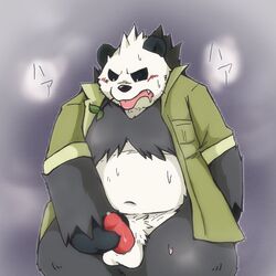 1:1 2014 anthro balls belly black_body black_fur blush bodily_fluids clothed clothing fur genitals kemono male male_only masturbation navel nintendo open_clothing open_shirt open_topwear overweight overweight_male pangoro penis pokémon_(species) pokemon shirt snow_utamaru solo sweat tongue tongue_out topwear video_games white_body white_fur