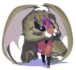 1girls breast_grab breast_squeeze cleavage dark_skin dragon from_behind illboxart karen_star long_tongue male size_difference tongue_out