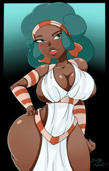 afro alternate_breast_size artist_signature big_hair child_bearing_hips colored dalley_le_alpha dark-skinned_female dark_skin female female_only front_view green_eyes green_hair hand_on_hip headband large_breasts lenora_(pokemon) looking_at_viewer nintendo pink_lipstick pokemon pokemon_bw pokemon_trainer smile solo_female teeth thick_lips thick_thighs white_dress