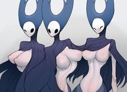 3girls anthro anthrofied areolae arthropod belly big_breasts black_eyes black_sclera breasts breasts_out clothed clothes clothing eyes_closed female female_only grey_background hollow_knight insects large_breasts looking_at_viewer mantis_lord mouthless naked nipples no_mouth nude nude_female nudity one_eye_closed pale-skinned_female scas seductive seductive_eyes seductive_look simple_background wink