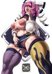 1girls alternate_breast_size areolae big_breasts docmooni female hair_ribbon huge_breasts huge_thighs human inverted_nipples klara_(pokemon) large_breasts looking_back medium_hair nintendo nipples pink_hair pokemon pokemon_ss pokemon_ss_isle_of_armor pubic_hair puffy_areola puffy_nipples pussy sagging_breasts solo standing thick_thighs thighs