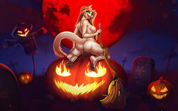 anthro ass blonde_hair blue_eyes bodily_fluids breasts catherinemeow claws detailed_background domestic_cat felid feline felis female fluffy fluffy_tail fur genital_fluids genitals hair halloween holding_object holidays kneeling mammal nipples open_mouth open_smile pussy pussy_juice smile solo teeth tongue tongue_out white_body white_fur