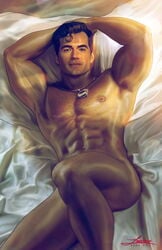 1boy abs armpits arms_up bara bed biceps blue_eyes body_hair celebrity chest_hair clark_kent dc eight_pack henry_cavill human human_only looking_at_viewer lying lying_on_back lying_on_bed male male_focus male_only muscle muscles muscular muscular_male naked necklace nude nude_male on_bed pose posing six_pack solo solo_focus solo_male superman superman_(series) zane_nox