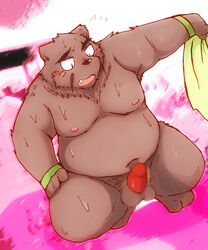 2013 anthro balls belly blush bodily_fluids brown_body brown_fur closed_eyes erection fur genitals kemono male male_only mammal moobs navel nipples overweight overweight_male penis snow_utamaru solo sweat ursid