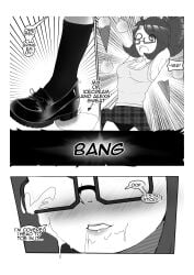 absurd_res absurdres black_panties blush budding_breasts comic female glasses ice_cream k-t_(lugame) lipstick lugame miniskirt monstralgam open_mouth pantyshot school_uniform shoes slipping small_breasts suggestive_fluid suggestive_look tripping