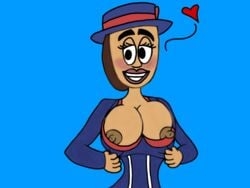 big_breasts blue_background blush breasts brown_hair exposed_breasts female female_only hat heart lady_hatt looking_at_viewer mattel nipples plain_background short_hair showing_off simple_background solo thomas_and_friends