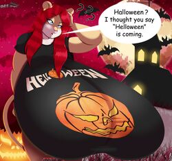 1girls alejandra_(sonatadragon) anthro big_breasts breasts busty clothed clothing english_text feline female female_only furry halloween holidays huge_breasts hyper hyper_breasts large_breasts lion long_hair red_hair solo sonatadragon text