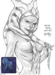 1girls ahsoka_tano athletic_female big_breasts breasts cleavage english_text female_focus female_only hi_res looking_at_viewer monochrome pose simple_background smile solo star_wars star_wars_rebels tcatt text white_background