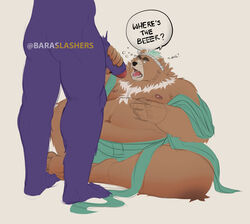 anthro ass baraslashers belly drunk duo english_text faceless_male genitals goro_(live_a_hero) handjob live-a-hero male male/male mammal nipples overweight overweight_male penile penis sex sitting substance_intoxication text ursid