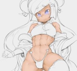 abs blue_eyes bulge embarrassed femboy feminine_male male male_only monkeywithaafro muscular original solo solo_male thick_thighs thighhighs thong wip