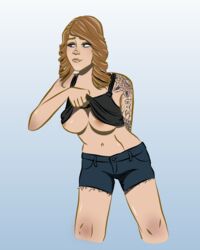 1girls 2d 5_fingers areolae arm_behind_back arm_tattoo biting_lip biting_own_lip bottomwear breasts brown_hair cowboy_shot cwispy_noodles dbd dead_by_daylight exposing_chest eyeshadow female female_only fit fit_female front_view gradient_background gray_background grey_background jean_shorts kate_denson large_breasts light-skinned_female light_skin long_hair midriff navel nipples partially_clothed partially_clothed_female shirt_lift shorts shoulder_tattoo simple_background solo solo_female tattoo topwear video_games white_sclera