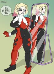 1girls ass batman_(series) big_ass big_breasts bodysuit dc dc_comics female female_only fully_clothed harley_quinn harley_quinn_(classic) joredraws lipstick mirror pigtails solo speech_bubble text tight_clothing