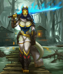 absurd_res anthro argonian armor bethesda_softworks breasts claws clothed clothing detailed_background fangs female genitals green_body headgear helmet hi_res holding_object holding_weapon link2004 melee_weapon open_mouth partially_clothed pussy red_eyes scalie solo sword the_elder_scrolls video_games weapon xan-valeek_(kiala_tiagra)