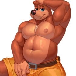 2020 abe.a anthro areola banjo-kazooie banjo_(banjo-kazooie) bara barazoku belt biceps black_nose blue_eyes bottomwear brown_body brown_eyebrows brown_fur brown_hair clothed clothing freckles fur gay hair half-closed_eyes hand_on_head hi_res jewelry looking_at_viewer male male_focus male_only mammal manly musclegut muscular narrowed_eyes navel necklace nipples pecs pose raised_arm rareware short_hair shorts simple_background sitting smile solo tan_body tan_nipples tan_skin thick_thighs topless triceps ursid video_games white_background