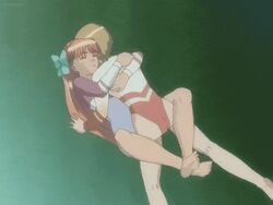 1boy 1girls animated barefoot dark_skin feet female gif green_ribbon hugging leg_lock night orange_hair princess_69