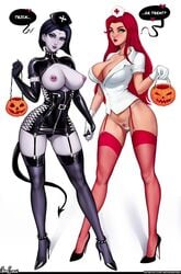 2girls areolae aroma_sensei big_breasts blouse blush breastless_clothes breasts cleavage corset curvy dc dc_comics dominatrix dress duo elbow_gloves english_text exposed_breasts exposed_pussy eyelashes eyeliner eyeshadow female female_only fishnets full_body garter_straps gloves goth halloween halloween_costume heels high_heels holding_hands hourglass_figure koriand'r large_breasts latex leather lingerie lipstick long_hair looking_at_viewer makeup medium_hair multiple_girls nipple_piercing nipples nipples_visible_through_clothing nurse nurse_cap nurse_uniform offscreen_character panties pierced_nipples piercing pubic_hair pumpkin pussy rachel_roth raven_(dc) revealing_clothes see-through shirt short_hair simple_background speech_bubble starfire stockings tail teen_titans text thong wide_hips