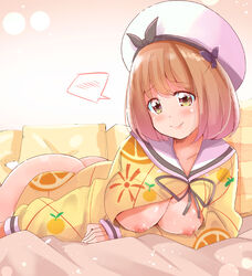 ass big_breasts blush bottomless breasts breasts_out brown_eyes brown_hair closed_mouth clothed clothed_female clothing collarbone eyebrows_visible_through_hair female female_only hat indoors japanese_clothes large_breasts looking_at_viewer lying maehara_nina mitumi_mira nipples no_bra no_panties ochikobore_fruit_tart on_stomach shiny shiny_hair shiny_skin short_hair smile solo solo_female young