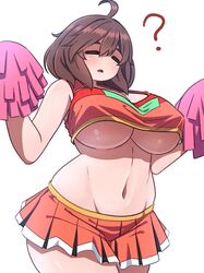 1girls belly big_breasts breasts brown_hair cheerleader chubby female female_only huge_breasts insomnia-chan_(kaynimatic) kaynimatic short_hair skirt solo thick_thighs underboob white_background