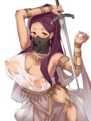 1girls bare_thighs breasts brown_eyes cleavage commission covered_nipples dancer dancer_outfit female female_only fire_emblem fire_emblem:_three_houses flugel_(kaleido_scope-710) harem_outfit highres large_breasts long_hair looking_at_viewer mouth_veil naughty_face nintendo nipples open_mouth petra_macneary post-timeskip purple_hair see-through see-through_clothing skeb_commission solo sweat sword thighs tongue tongue_out veil weapon wet_clothes white_background