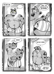 absurd_res anthro belly black_and_white boxers_(clothing) boxers_only boxershorts captain_nikko clothing comic comic_page domestic_cat eyebrows felid feline felis genitals hairy hi_res hopelessness jack_(captain_nikko) male male_only mammal mirror monochrome multiple_poses navel nipples overweight overweight_anthro overweight_male penis pose pubes rear_view smile smiling_at_viewer solo tabby_cat tabbycat teeth teeth_showing thick_eyebrows torn_clothing underwear whiskers yellow_eyes