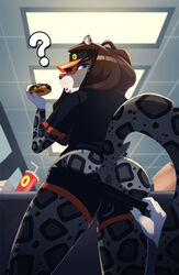 ? anthro anus ass balls beverage black_body black_claws black_fur blue_eyes bottomwear brown_hair bulge claws clothing doughnut duo fast_food felid food fur genitals girly grey_body grey_fur hair headgear headwear hi_res hynik_(artist) inside long_hair looking_at_viewer looking_back low-angle_view male mammal markings pantherine pink_nose pulling_clothing shirt shorts snow_leopard standing topwear vincent_(hynik) white_body white_fur