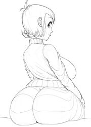 ass big_ass big_breasts breasts female hotel_transylvania huge_ass looking_back maarthul mavis_dracula monochrome short_hair sideboob solo striped striped_legwear thick_thighs turtleneck wide_eyed